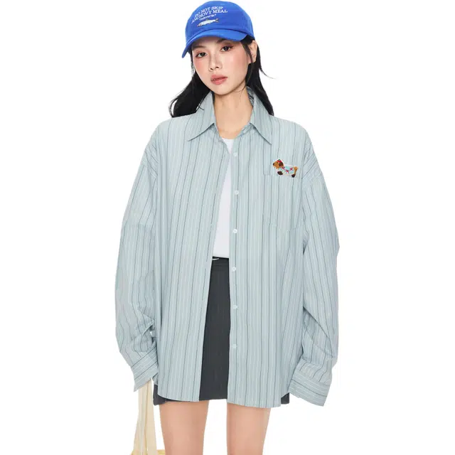 玫丝朵 条纹舒适时尚潮流高级感内搭长袖衬衫 女款 蓝色