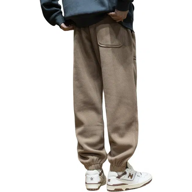 希越 美式日系简约雪尼尔运动束脚长裤子秋冬季奥粒绒宽松大码加绒加厚卫裤推荐休闲裤 男款