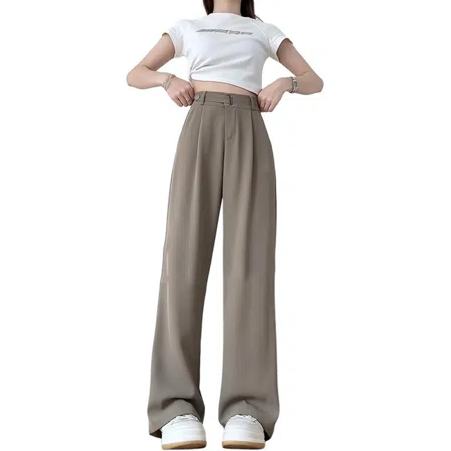 佑麟 冰丝薄款高腰垂感阔腿窄版显瘦直筒西装裤 男女同款