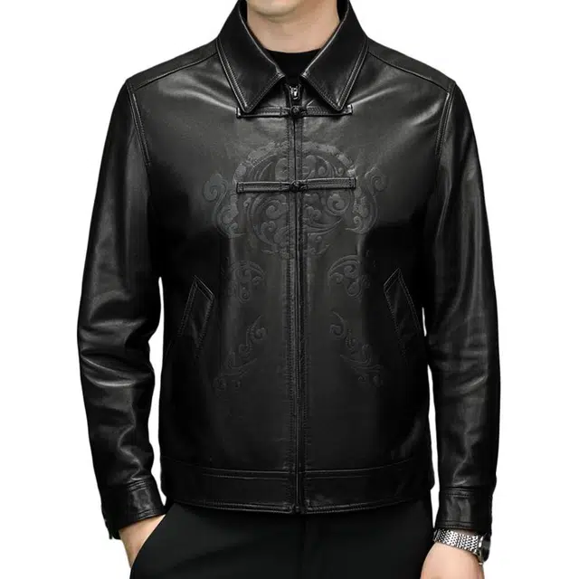 太子龍 秋冬季真皮中老年翻领印花盘扣山羊皮皮衣 男款