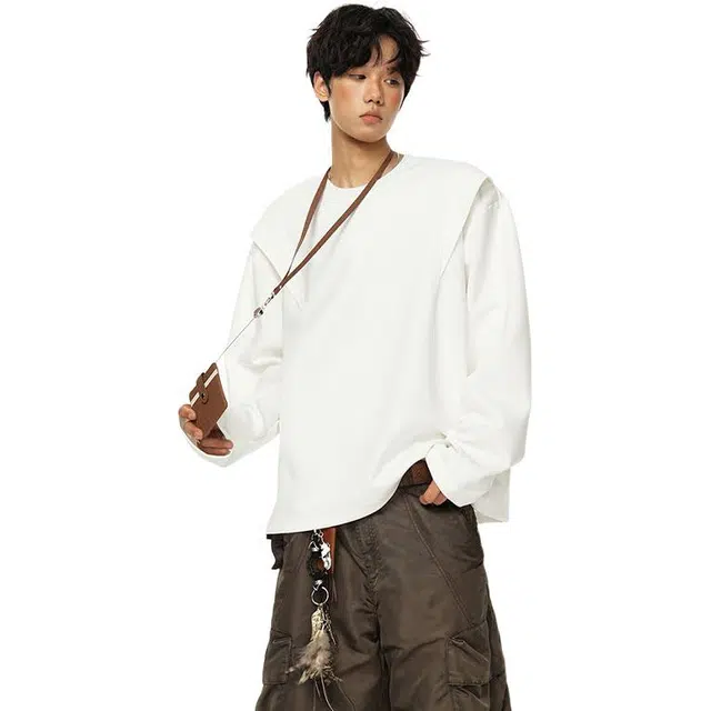 佐菲利 美式复古圆领解构长袖重磅拼接潮牌宽松休闲情侣上衣卫衣 男女同款
