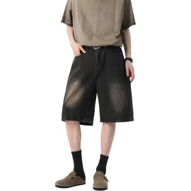 哲源 美式高街水洗做旧重工五分裤潮牌复古高街直筒裤子潮牌宽松垂感高街牛仔短裤 男女同款