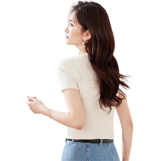 莫代尔 短袖短款圆领韩版半开领纯色套头小款女针织衫 女款
