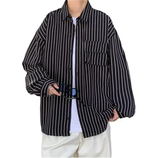 宝米卡 条纹宽松大码帅气潮牌半袖衬衣上衣外套百搭衬衫 男女同款