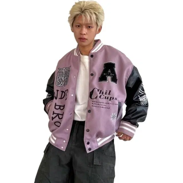 地界二 国潮原创美式字母刺绣拼色棒球服外套宽松春秋季高街夹克 男款