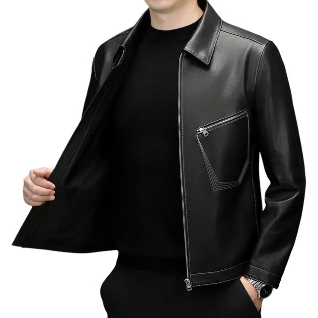 太子龍 高档品牌男装绵羊皮真皮设计感秋冬季翻领休闲皮衣 男款
