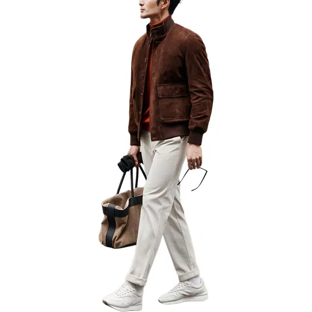 丹宁哲学 高档磨砂反绒绵羊皮纯色立领直筒型皮衣 男款