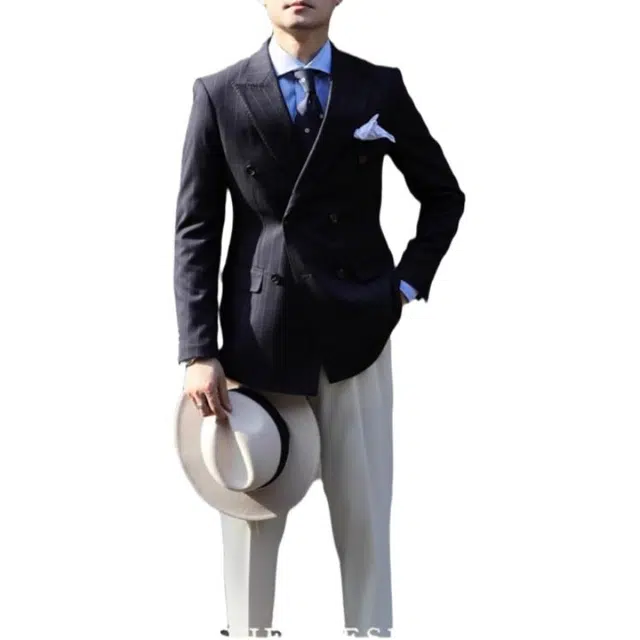 大格子与黑猫 英伦经典双排扣复古雅痞绅士老钱风上班商务通勤结婚修身外套 西装 男款