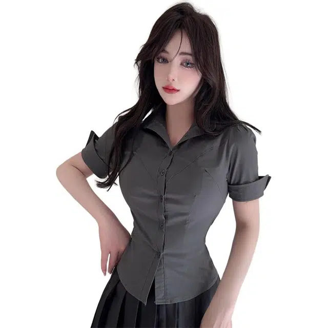 沐晓欣 收腰纯色短袖衬衫百褶简约短裙裙装套装 女款 灰色
