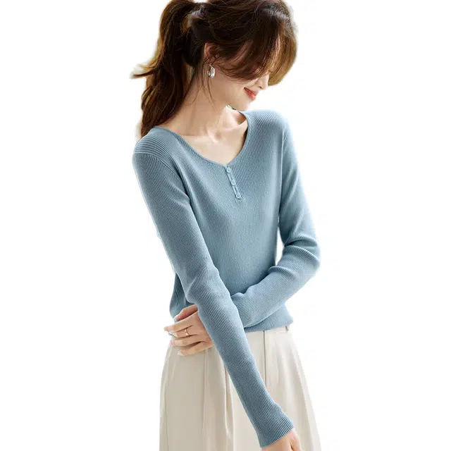 沫晗依美 简约舒适长袖针织衫 女款 蓝色