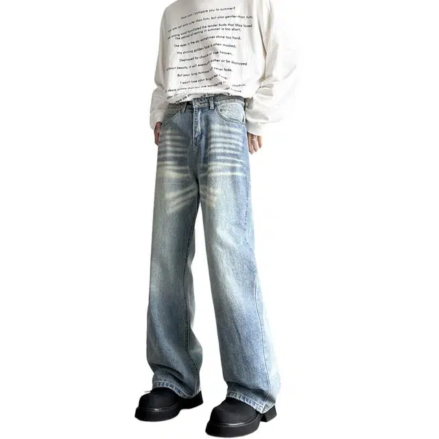 袋鼠 美式复古休闲简约风百搭基础款水洗做旧竹节纹潮牌宽松微喇长裤子牛仔裤 男女同款