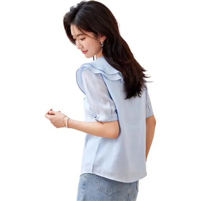 莫代尔 娃娃领设计感洋气上衣衬衫打底衫长袖雪纺衫 女款 图色