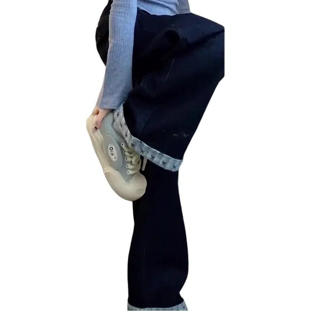 么宁 美式蝴蝶结格子拼接卷边阔腿高腰宽松直筒拖地长裤牛仔裤 男女同款
