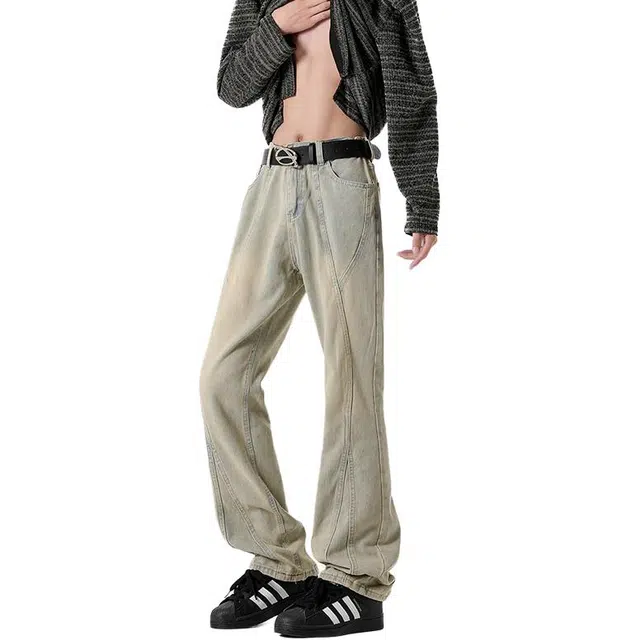 单爵 直筒显瘦微喇裤男美式高街牛仔裤 男女同款