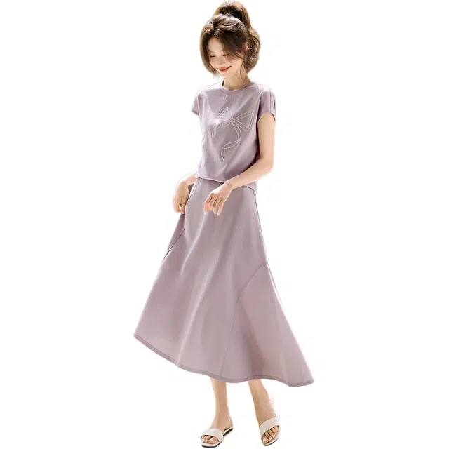 沫晗依美 蝴蝶结绣花不规则伞裙常规短袖圆领休闲高腰裙装套装 女款