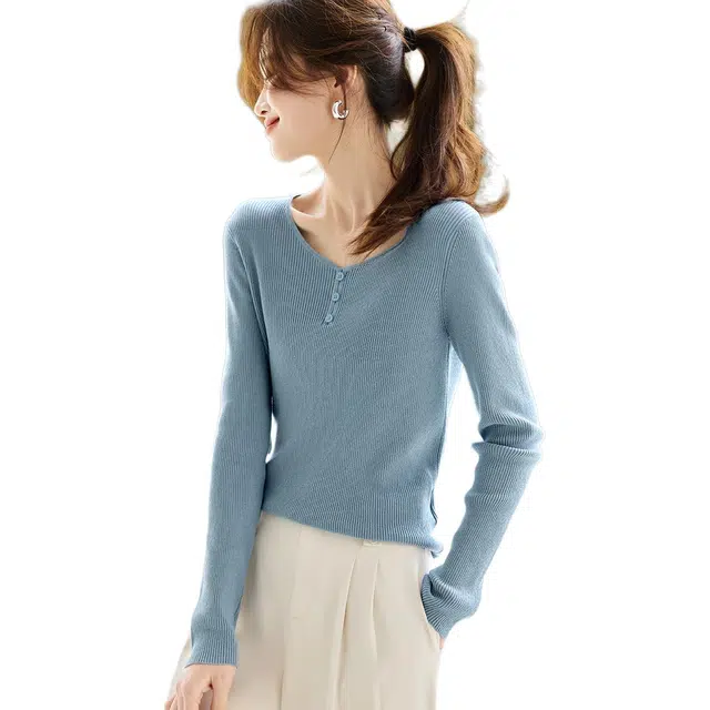 沫晗依美 简约舒适长袖针织衫 女款 蓝色
