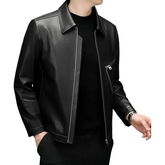 太子龍 高档品牌男装绵羊皮真皮设计感秋冬季翻领休闲皮衣 男款