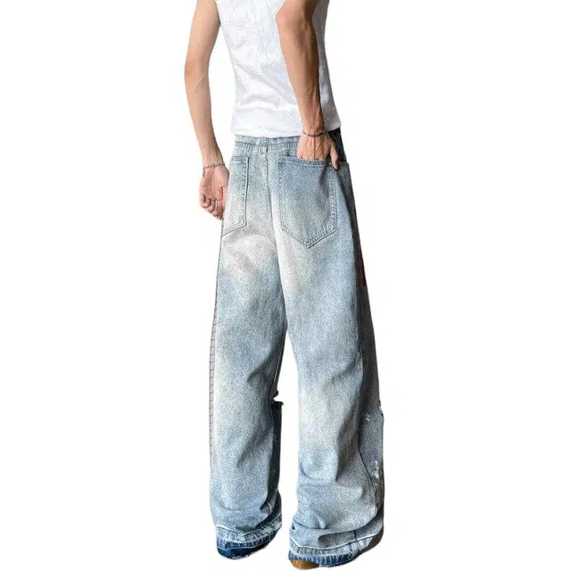 大白鲨 潮流薄款破洞印花直筒休闲潮牌水洗美式运动复古日系裤子牛仔裤 男女同款