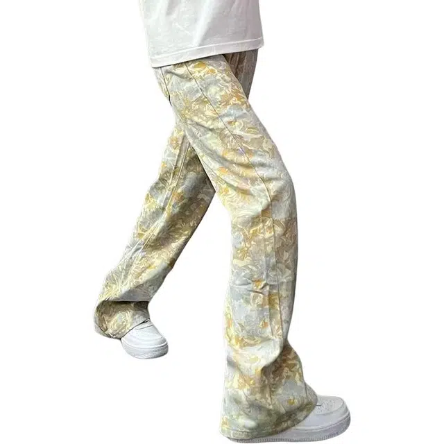 单爵 美式扎染微喇裤男款高级感痞牛仔裤 男女同款