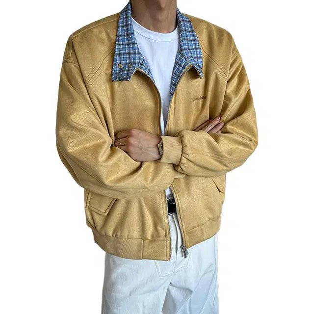 佐菲利 美式格子拼接麂皮绒空气层休闲外套复古慵懒风上衣夹克 男女同款