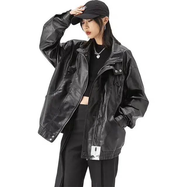 【美式休闲PU皮机车拉链外套】布客行 酷飒不羁狂野硬朗摇滚叛逆霸气纯色宽松百搭工装痞帅翻领设计防风防水夹克 男女同款