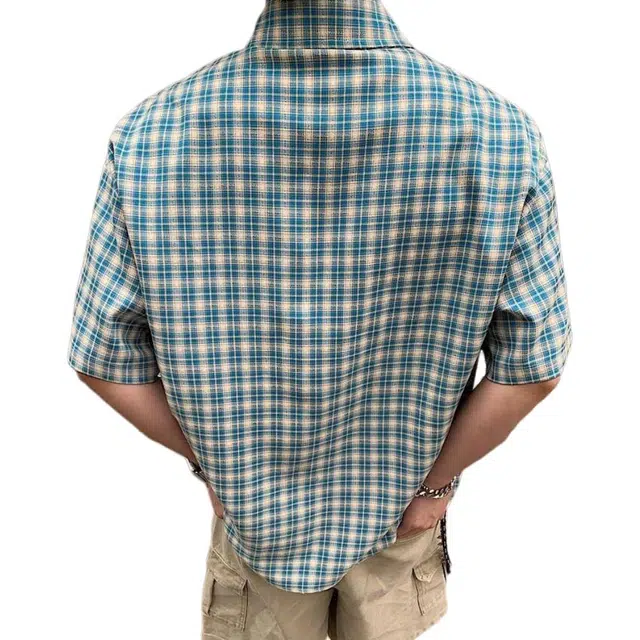 颂希尔 美式复古格子短袖衬衣高级感痞帅日系港风格纹情侣半袖衬衫 男女同款