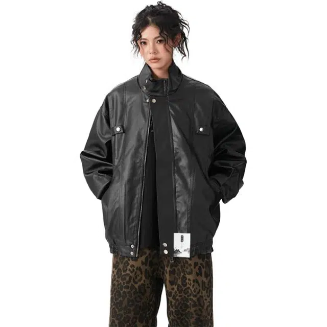 【个性痞帅PU皮工装拉链机车服】布客行 潮酷前卫时髦摩登赛博朋克纯色宽松休闲百搭学院风美拉德翻领设计防风防水潮流  夹克 男女同款