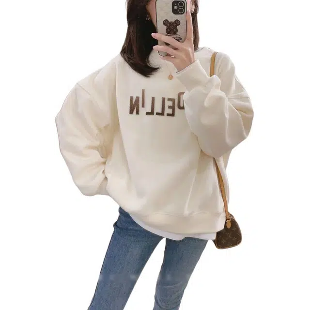 纤丝鸟 圆领卫衣韩版宽松百搭外套外穿休闲长袖上衣潮校园风针织衫 女款