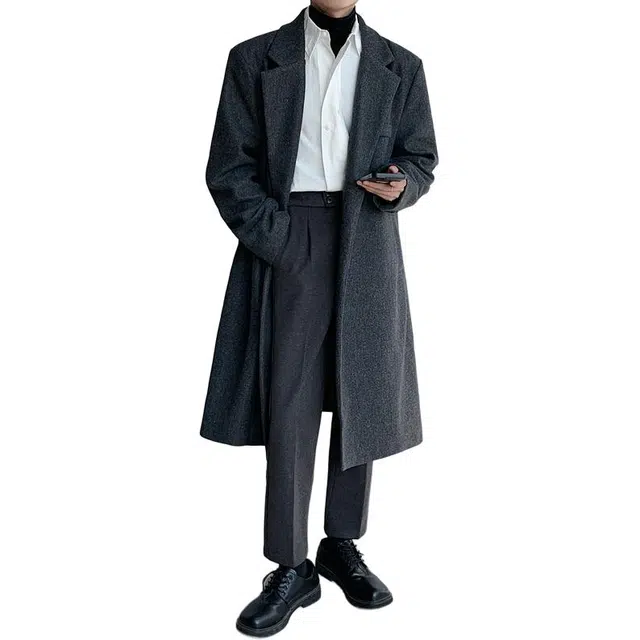 左岸 英伦复古时尚潮牌百搭纯色开衫翻领上衣休闲宽松舒适防风外套秋冬季痞帅过膝大衣中长款风衣 男款