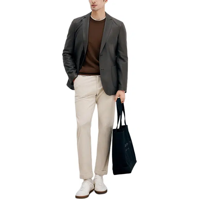 丹宁哲学 绅士绵羊皮压纹工艺纯色西装领修身型皮衣 男款