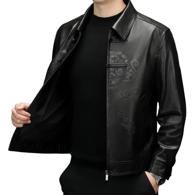 太子龍 秋冬季真皮中老年翻领印花盘扣山羊皮皮衣 男款