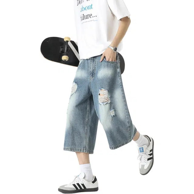 敦煌博物馆 美式复古渐变七分裤宽松直筒阔腿薄款亲肤透气舒适百搭牛仔短裤 男女同款