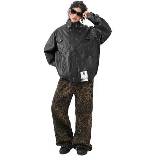 【个性痞帅PU皮工装拉链机车服】布客行 潮酷前卫时髦摩登赛博朋克纯色宽松休闲百搭学院风美拉德翻领设计防风防水潮流  夹克 男女同款