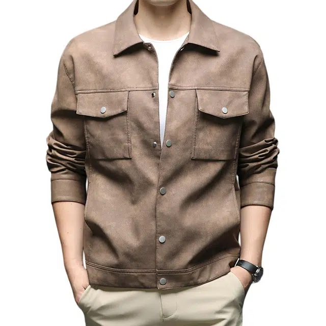 卡丹狄诺 个性混色纹理感时尚百搭翻领单排扣皮衣夹克外套 男款