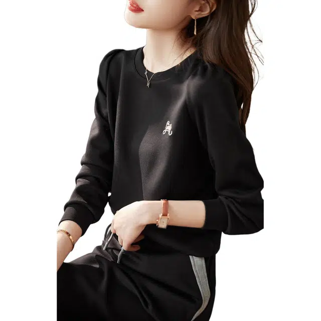 沫晗依美 时尚百搭上衣休闲舒适下衣裙装套装 女款 黑色