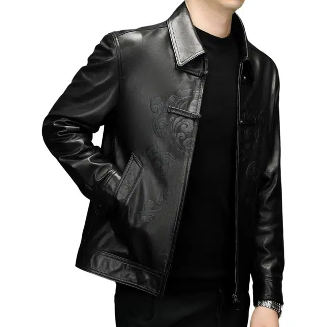 太子龍 秋冬季真皮中老年翻领印花盘扣山羊皮皮衣 男款
