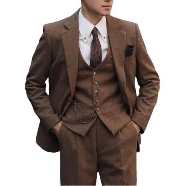 大格子与黑猫 复古英伦雅痞咖啡色风休闲羊毛粗花呢人字纹修身文艺甜茶外套西装 男款