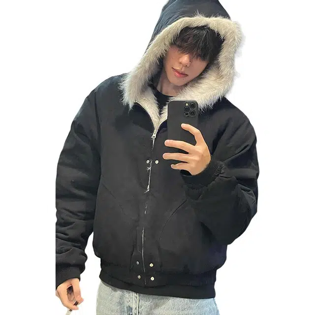 黑马漫画 短款座山雕毛领夹克外套男冬季美式复古保暖棉服 男女同款