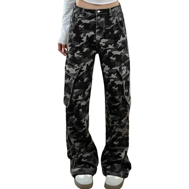一碗士多 美式复古迷彩个性简约大口袋设计水洗做旧时尚长裤户外通勤日常百搭舒适显高显瘦宽松痞帅基础四季款休闲中腰直筒牛仔裤 男女同款