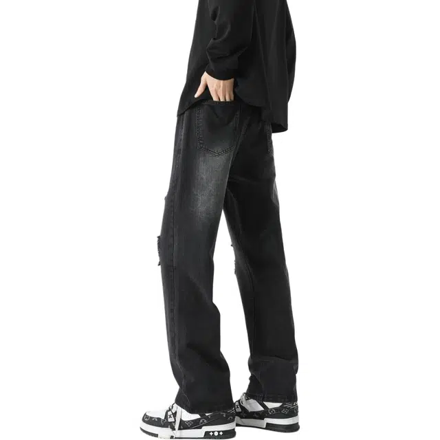 图兰朵 微喇弯刀美式复古高街重工水洗做旧破洞流苏垂感透气亲肤高级感中腰柔软舒适百搭休闲通勤直筒牛仔裤 男女同款