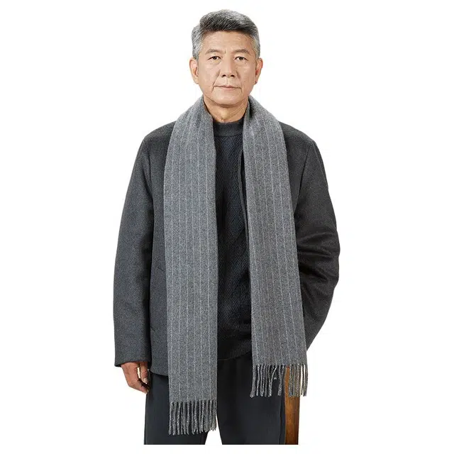 恒源祥 秋冬季保暖竖条 山羊绒 绒线围巾 男款