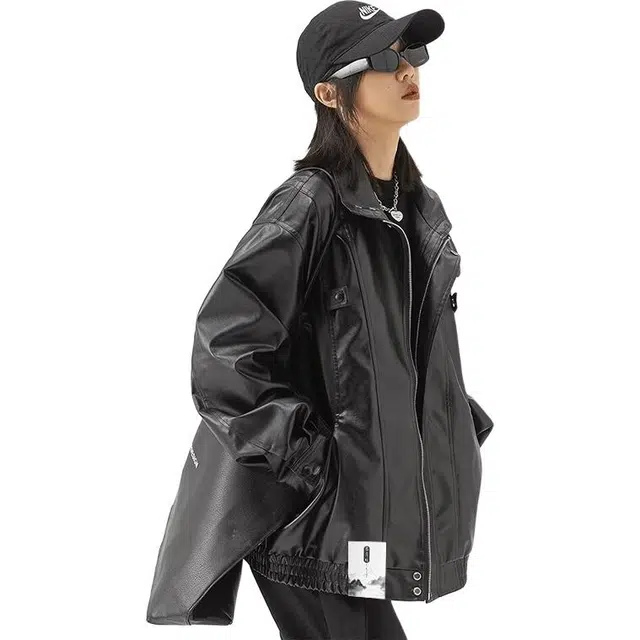 【美式休闲PU皮机车拉链外套】布客行 酷飒不羁狂野硬朗摇滚叛逆霸气纯色宽松百搭工装痞帅翻领设计防风防水夹克 男女同款