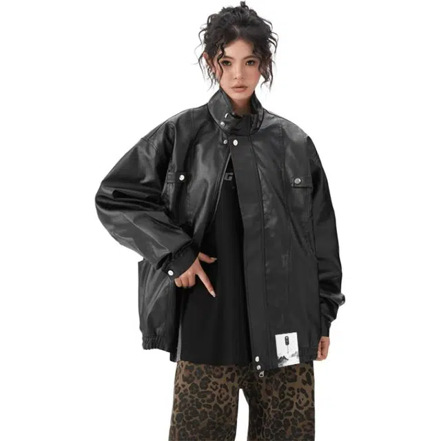 【个性痞帅PU皮工装拉链机车服】布客行 潮酷前卫时髦摩登赛博朋克纯色宽松休闲百搭学院风美拉德翻领设计防风防水潮流  夹克 男女同款