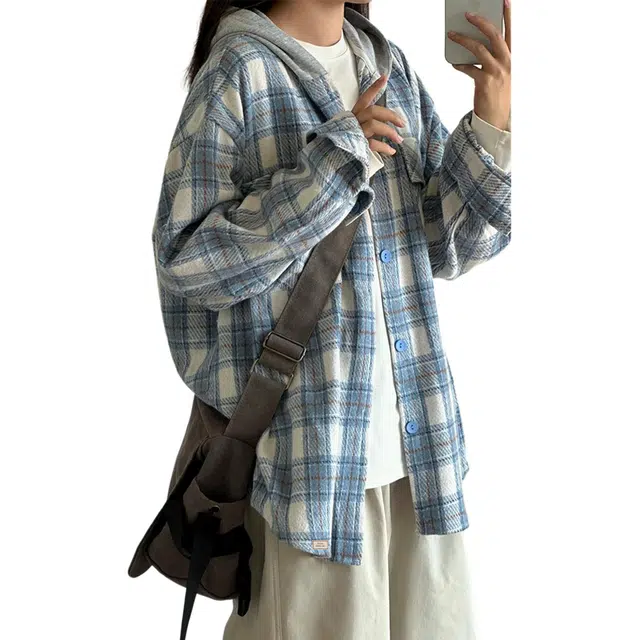 北欧攻略 韩系简约磨毛蓝格子连帽日系高级感宽松休闲长袖上衣外套复古秋冬衬衫 男女同款