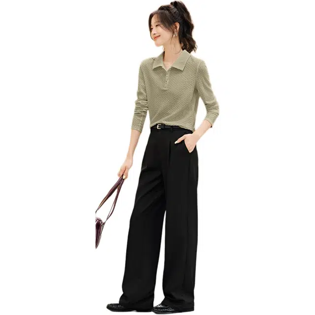 沫晗依美 肌理感针织纯色常规长袖翻领休闲日常便服宽松腰衬衫 女款