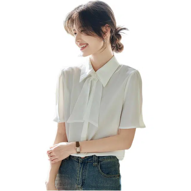 沐晓欣 纯色宽松翻领适中短袖衬衫 女款 杏色