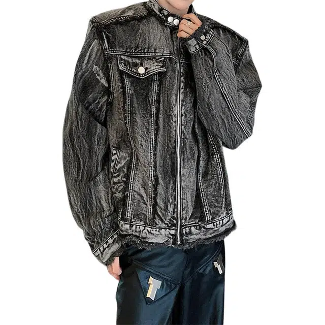 零氏 美式复古水洗高街做旧短款立领春秋垫肩夹克时尚毛边设计牛仔外套 男女同款