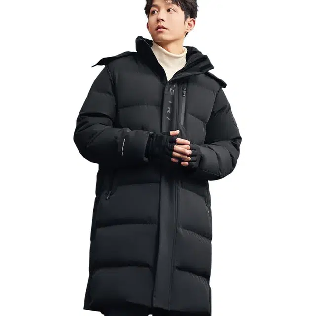 鸿星尔克 综训系列 舒适休闲简约长款连帽羽绒服 男款 正黑