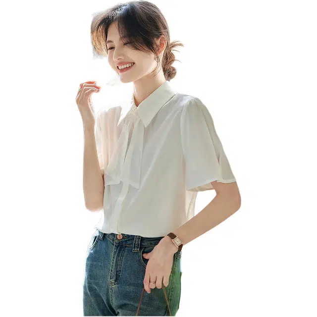 沐晓欣 纯色宽松翻领适中短袖衬衫 女款 杏色