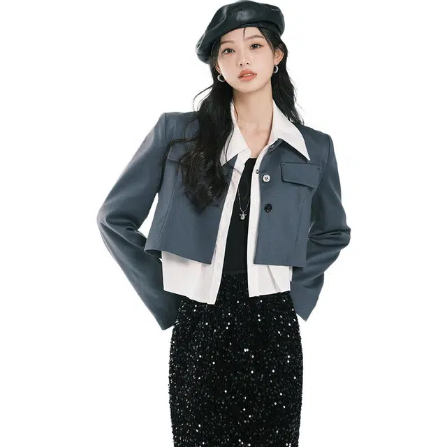 美洋 纯色西装外套圆领马甲西装套装 女款 灰蓝色